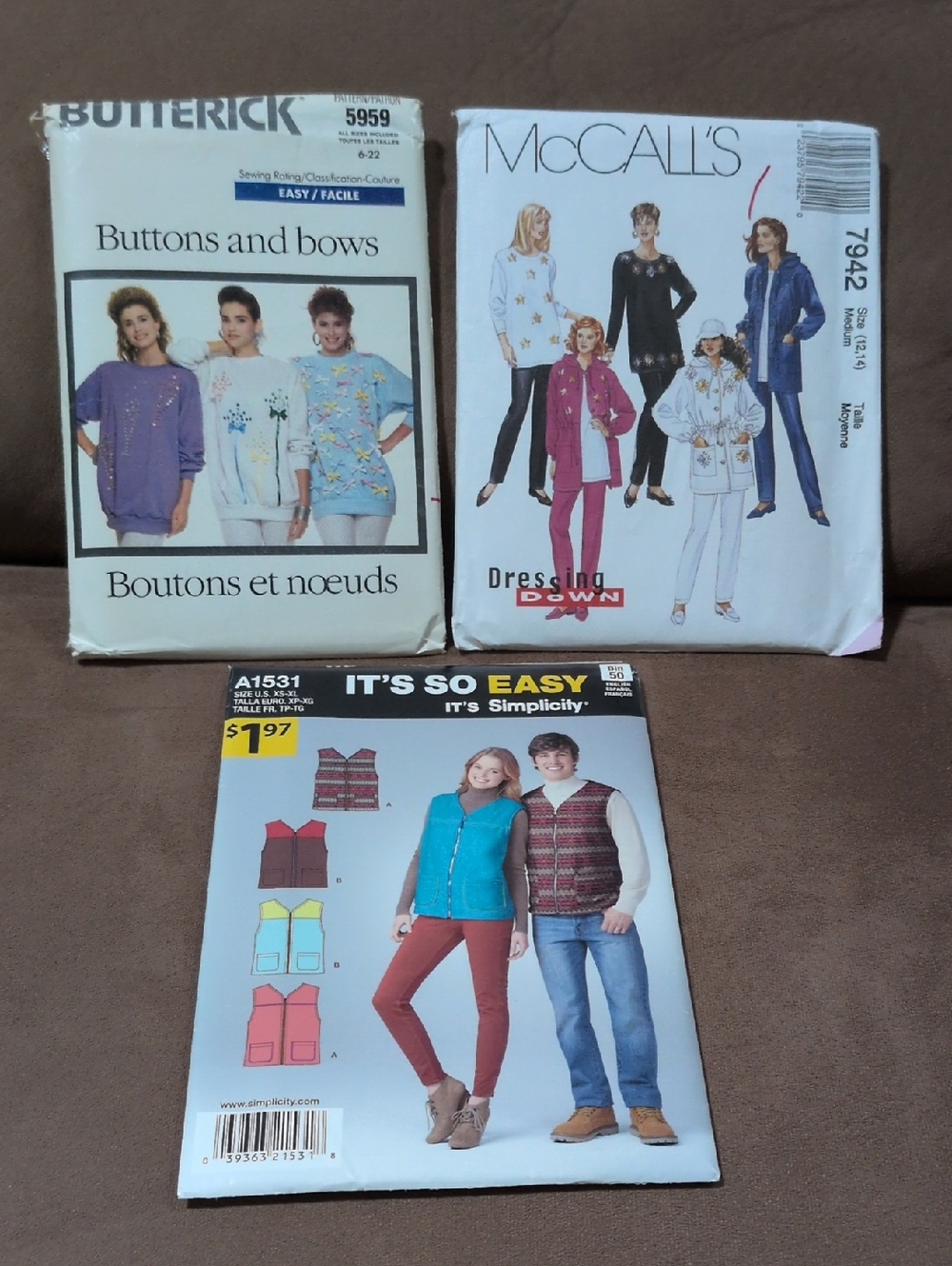 Vintage Women's & Unisex Uncut/Unfolded Sewing Patterns Lot of 3 Sizes XS-XL